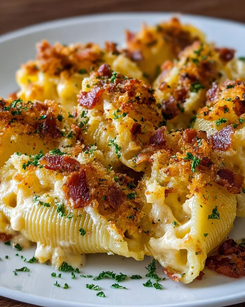 Creamy bacon mac and cheese stuffed shells topped with crispy bacon bits.