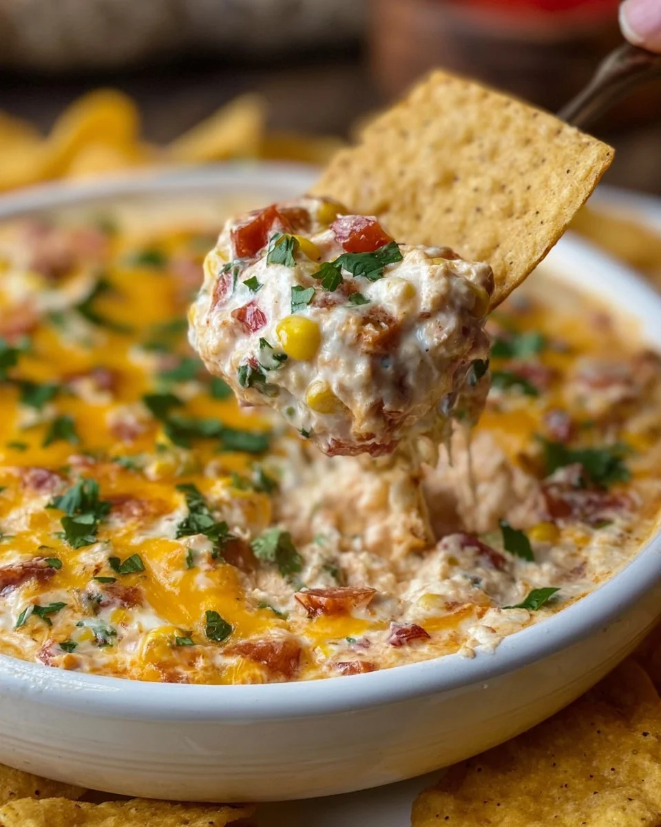 Delicious creamy Mexican corn dip served in a bowl with tortilla chips