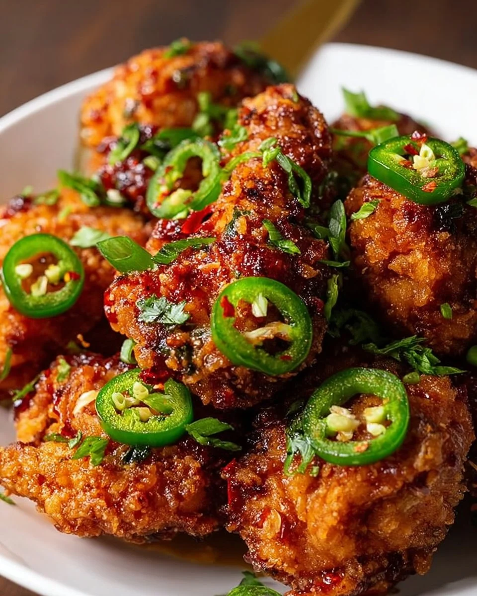 Crispy Spicy Jalapeño Chicken garnished with fresh jalapeños and herbs