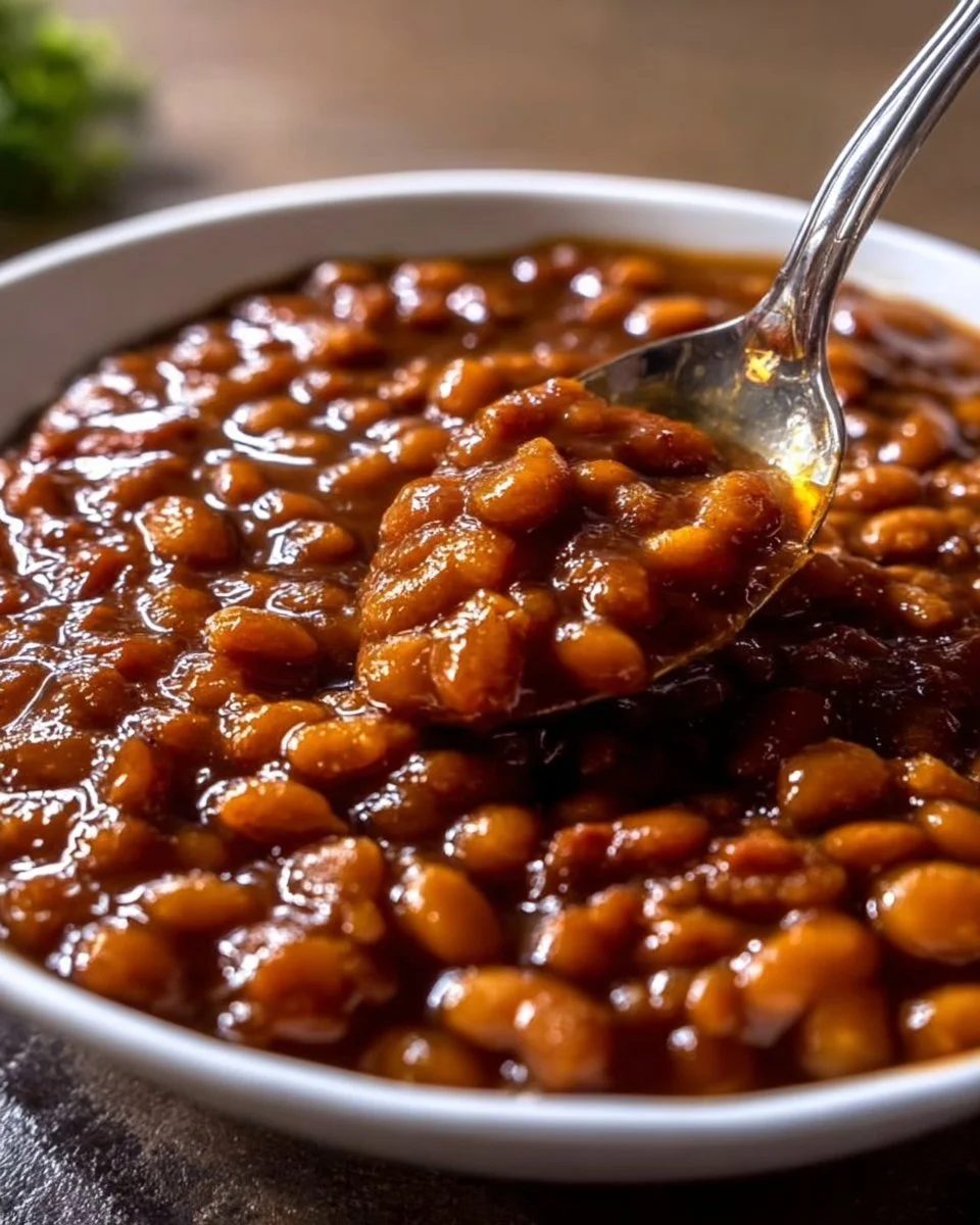 Delicious crockpot baked beans served in a white bowl with herbs on top
