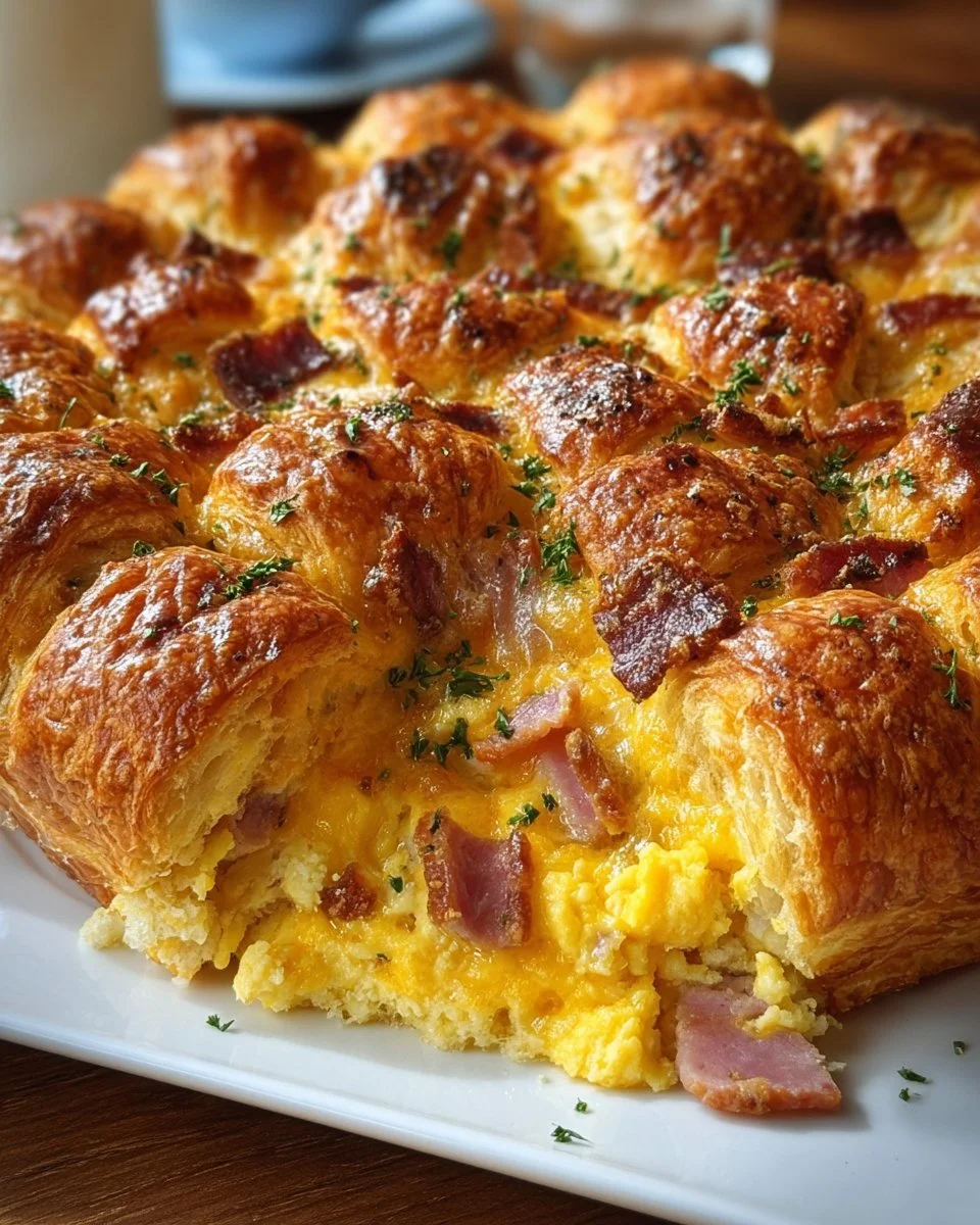 Delicious croissant casserole served in a baking dish for breakfast