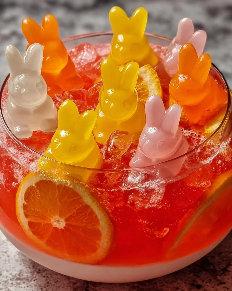 Colorful Easter Bunny Punch in a festive glass with bunny decorations.