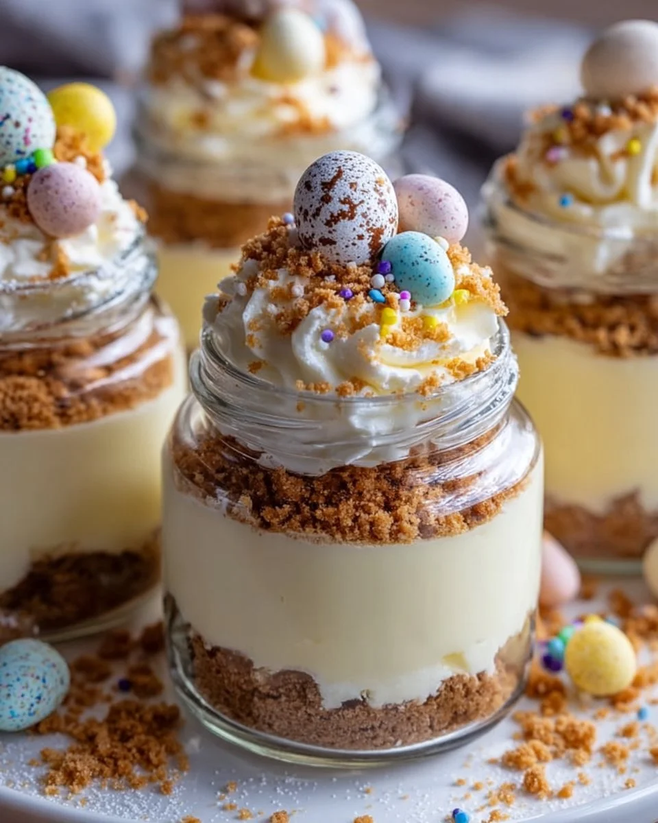 Easter Egg Cheesecake Jars filled with creamy cheesecake layers and colorful decorations