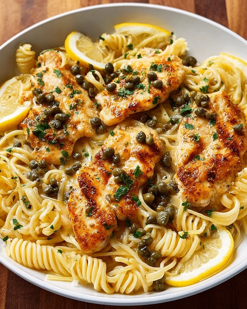 Delicious easy chicken piccata pasta topped with herbs and lemon