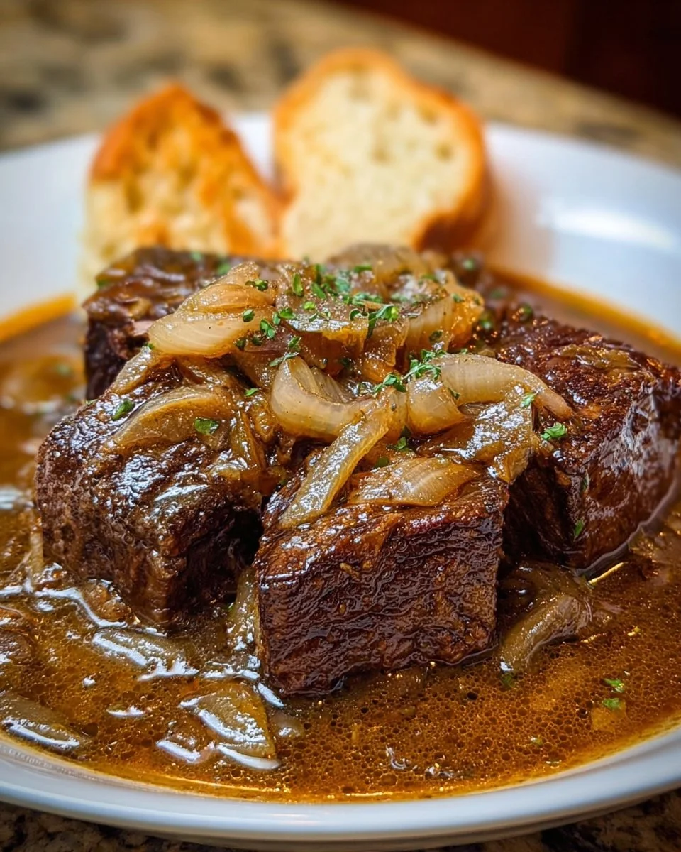 Bowl of easy French onion beef short rib soup garnished with herbs