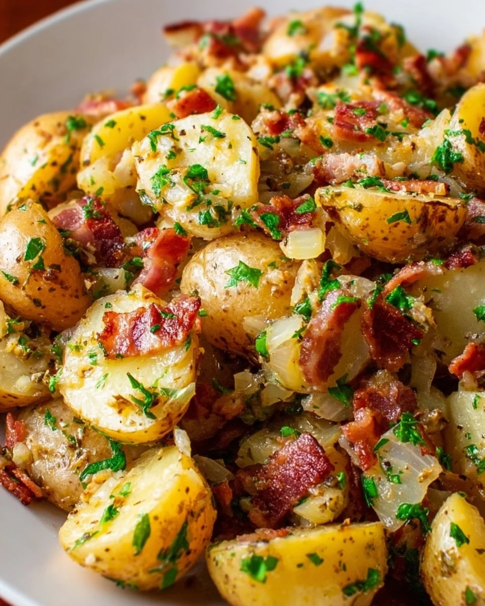 Bowl of easy German potato salad, garnished with fresh herbs