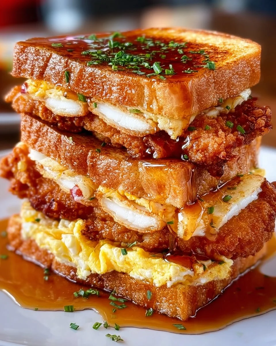 Fried Chicken French Toast Sandwich with crispy chicken and syrup