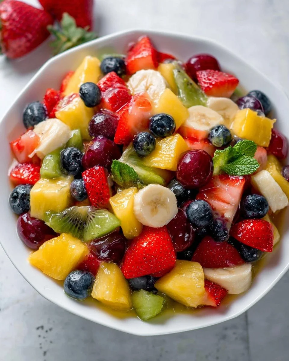 Colorful fruit salad topped with creamy vanilla pudding in a bowl.
