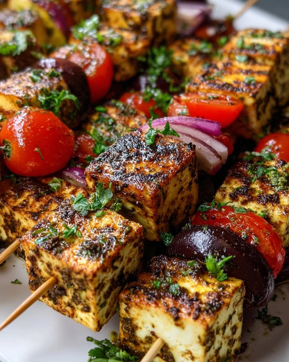 Grilled Za’atar Tofu Skewers with vegetables, ready for the barbecue.