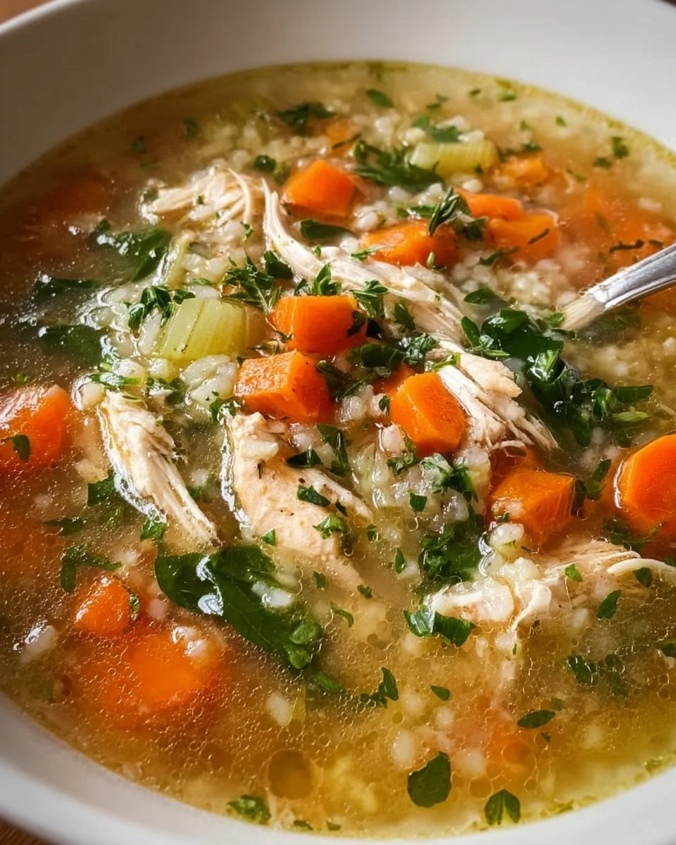 A bowl of Healthy Healing Chicken Soup with fresh ingredients and herbs.