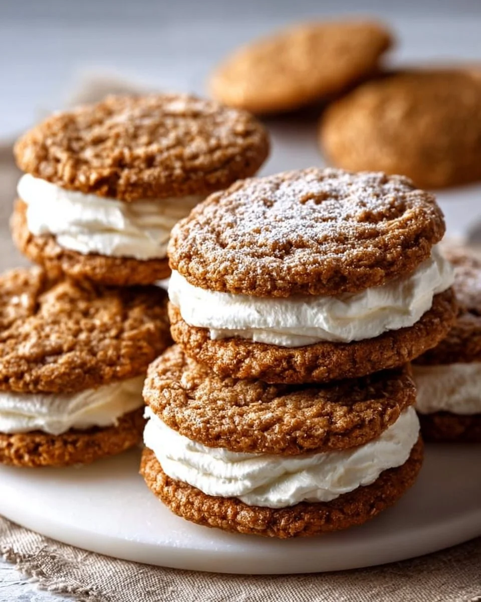 Delicious homemade oatmeal cream pies with creamy filling in between chewy cookies