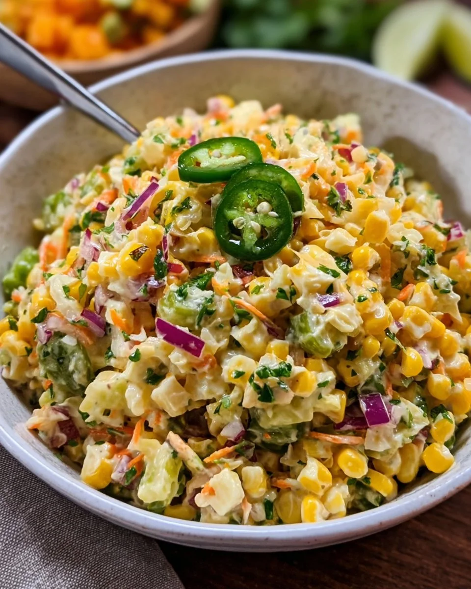 Delicious bowl of Jalapeño Corn Slaw with colorful vegetables