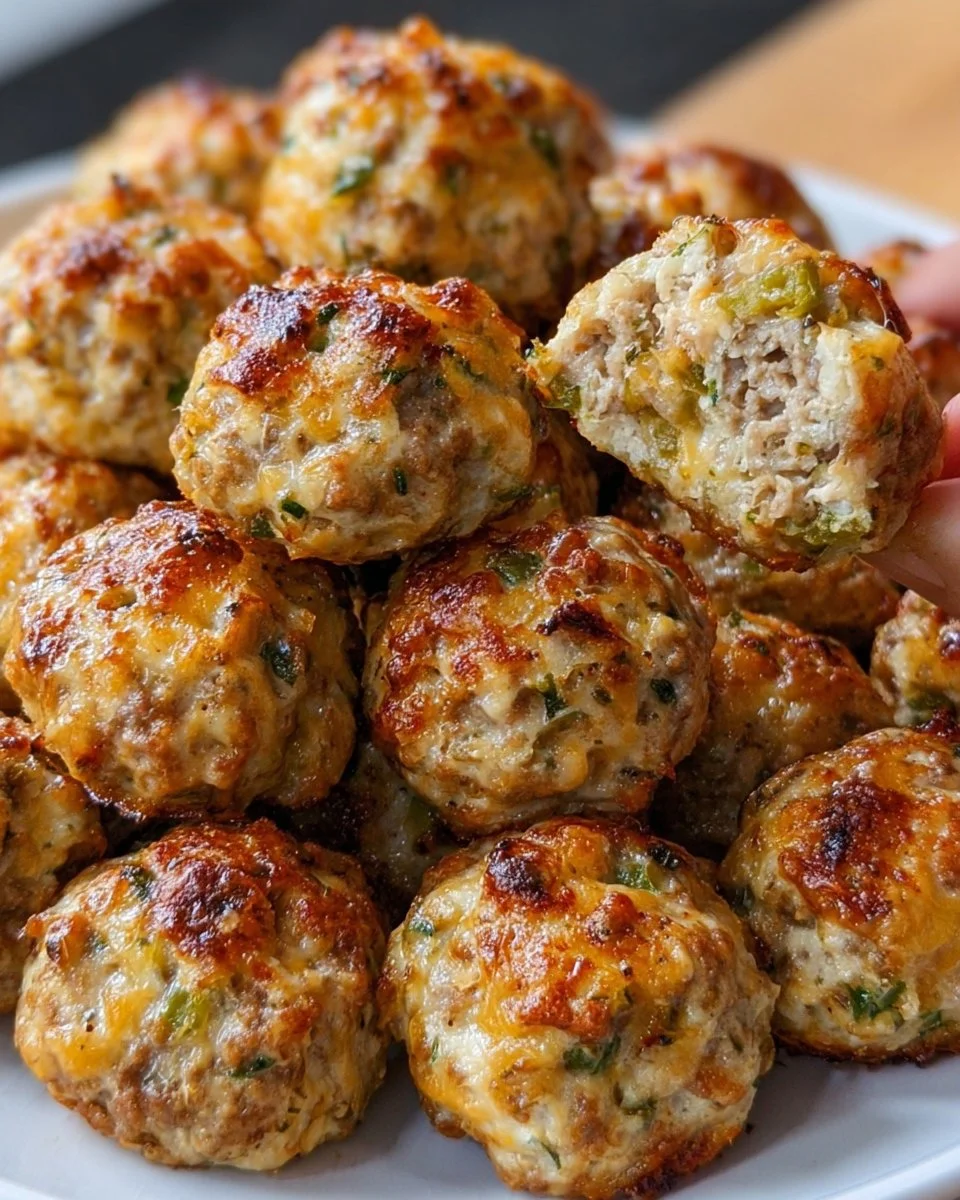 Plate of jalapeño popper sausage balls ready to be served.