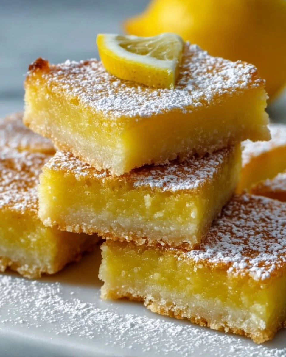 Lemon bars with a buttery shortbread crust, garnished with lemon slices.
