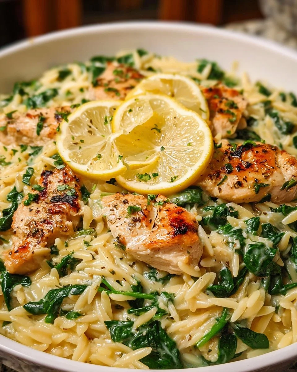 Bowl of Lemon Chicken Orzo with Spinach garnished with lemon slices