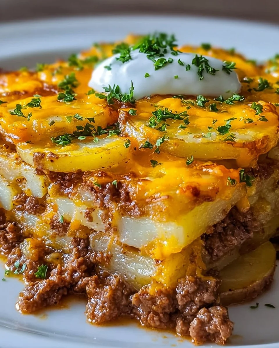 Loaded beef potato bake dish with melted cheese and herbs