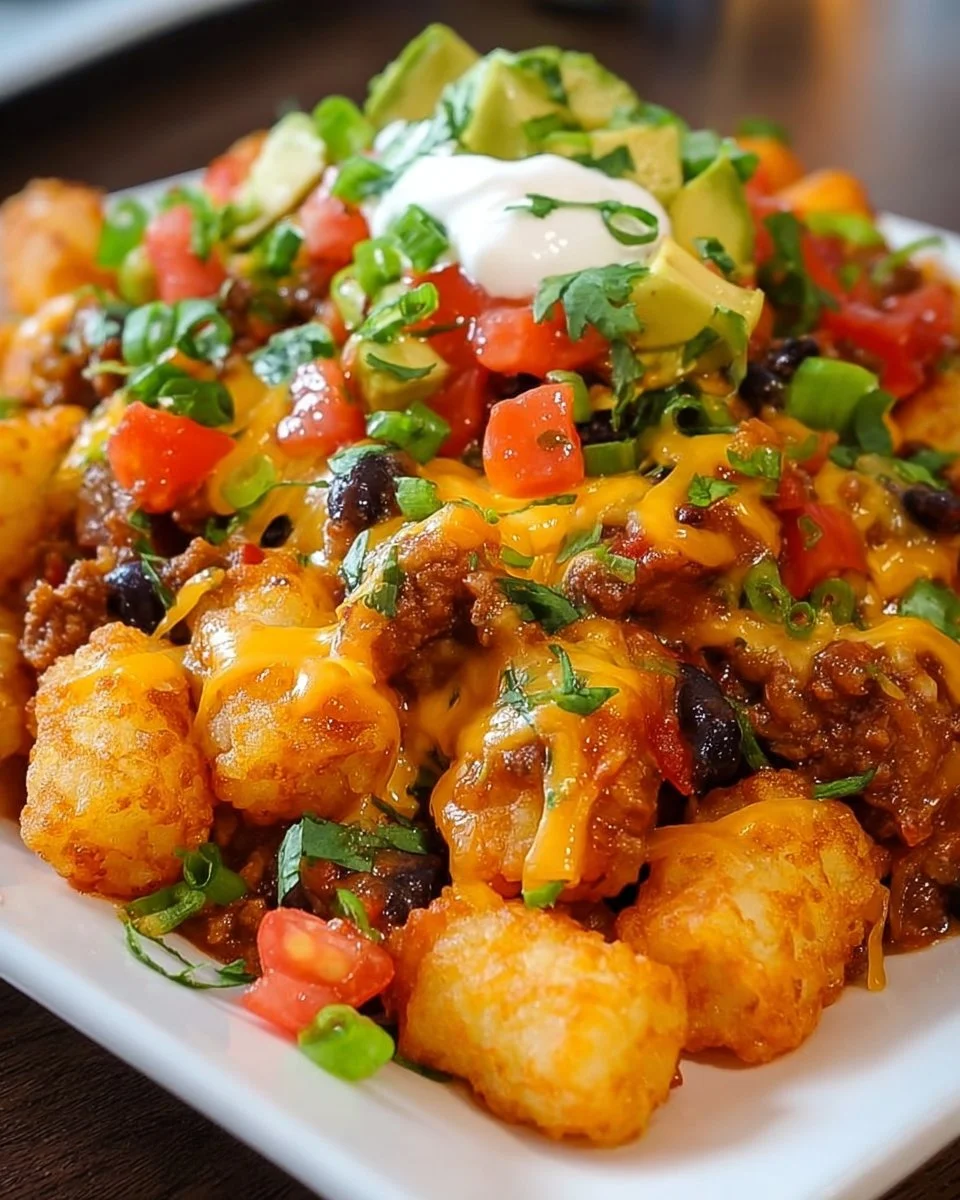 Mexican Tater Tot Casserole topped with cheese and spices