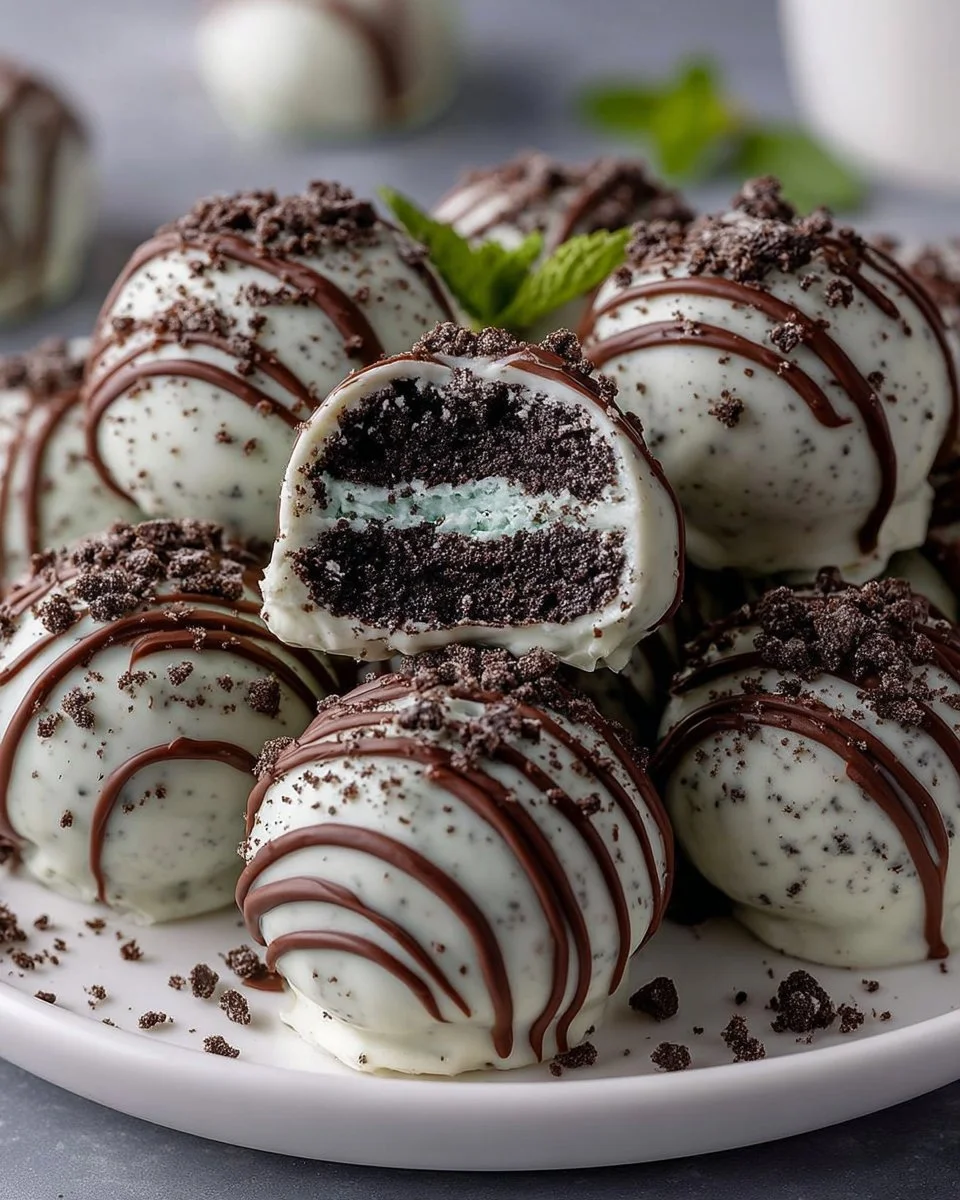 Mint Oreo Truffles coated in chocolate and garnished with mint.