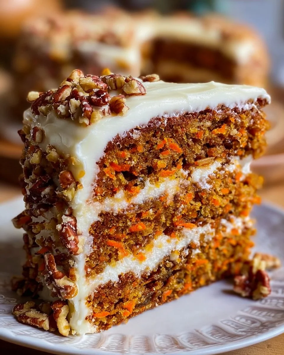 Moist homemade carrot cake with cream cheese frosting sliced on a plate