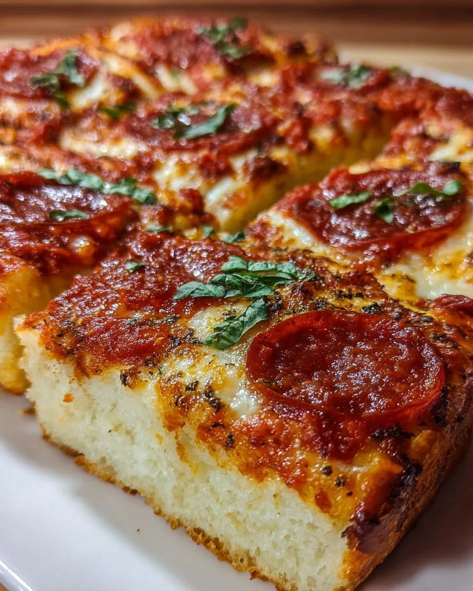 New York Bakery-Style Sicilian Pizza with crispy crust and toppings
