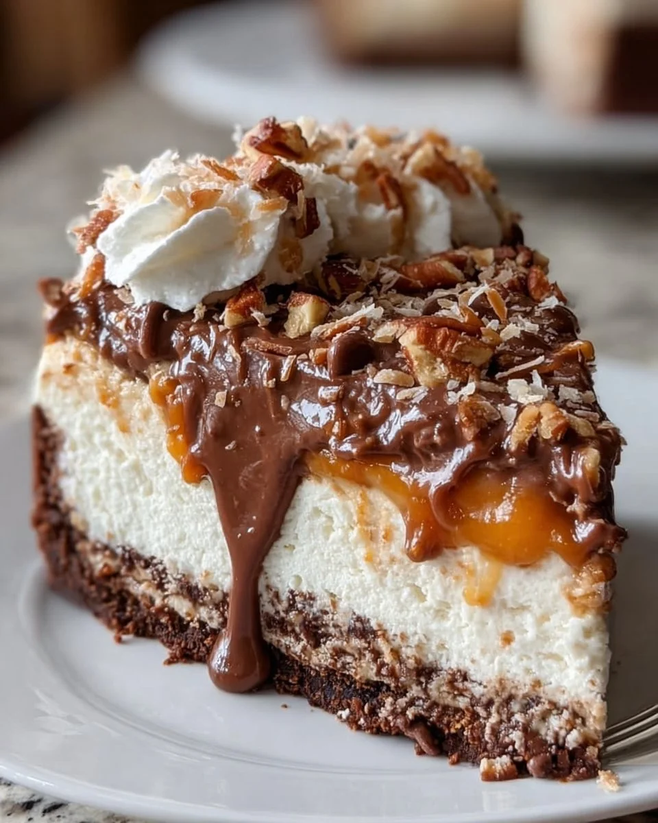 No-Bake German Chocolate Cheesecake with chocolate and coconut topping