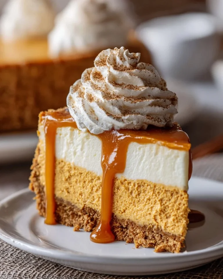 A slice of no-bake pumpkin cheesecake topped with whipped cream and spices.