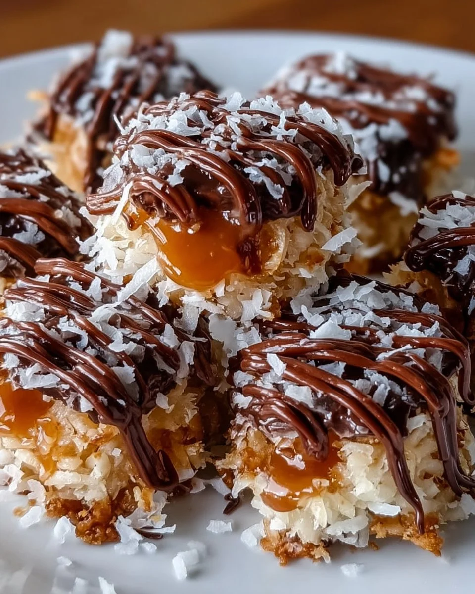 No-Bake Samoa Cookie Bites topped with chocolate and coconut.