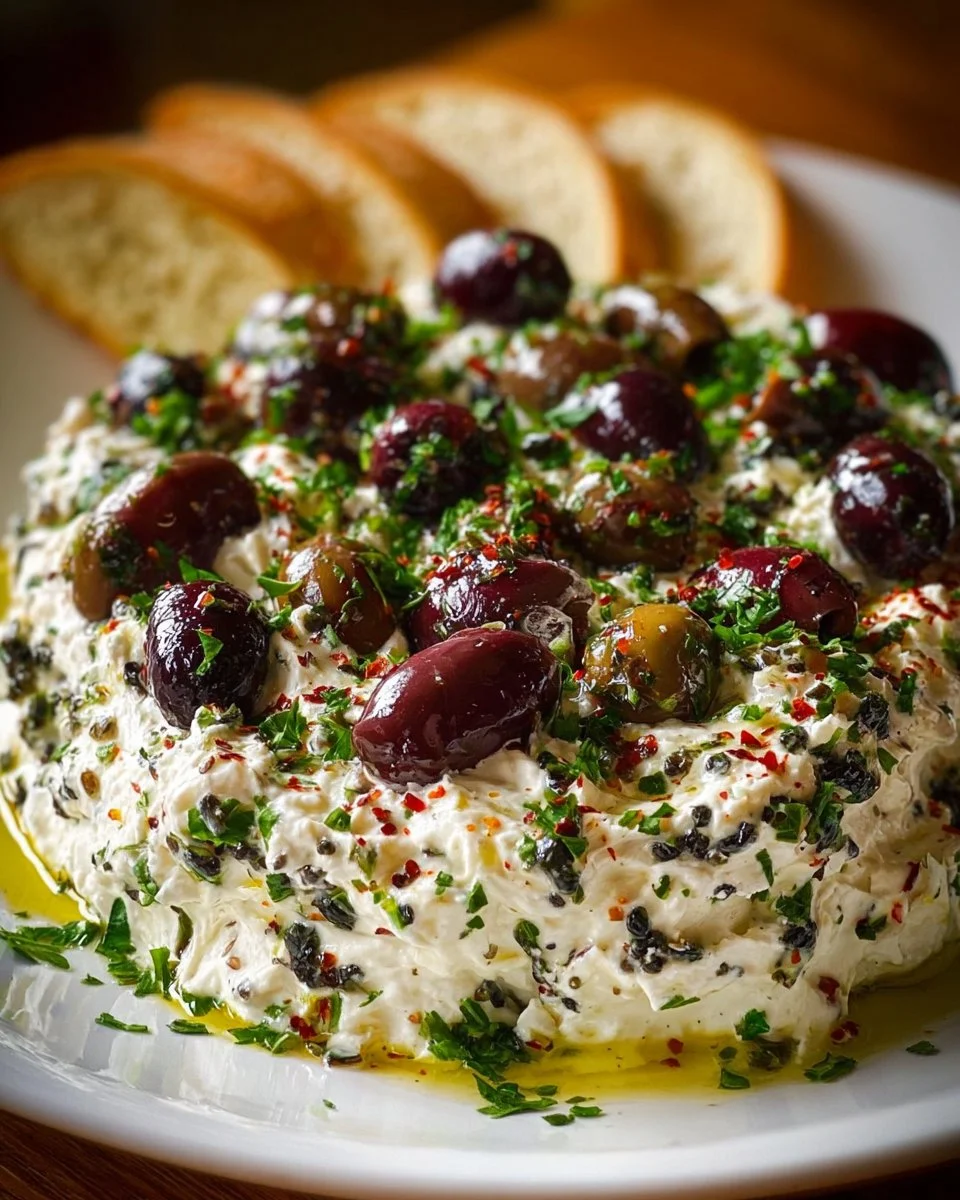 Creamy Olive Dip served in a bowl with toasted bread and fresh vegetables