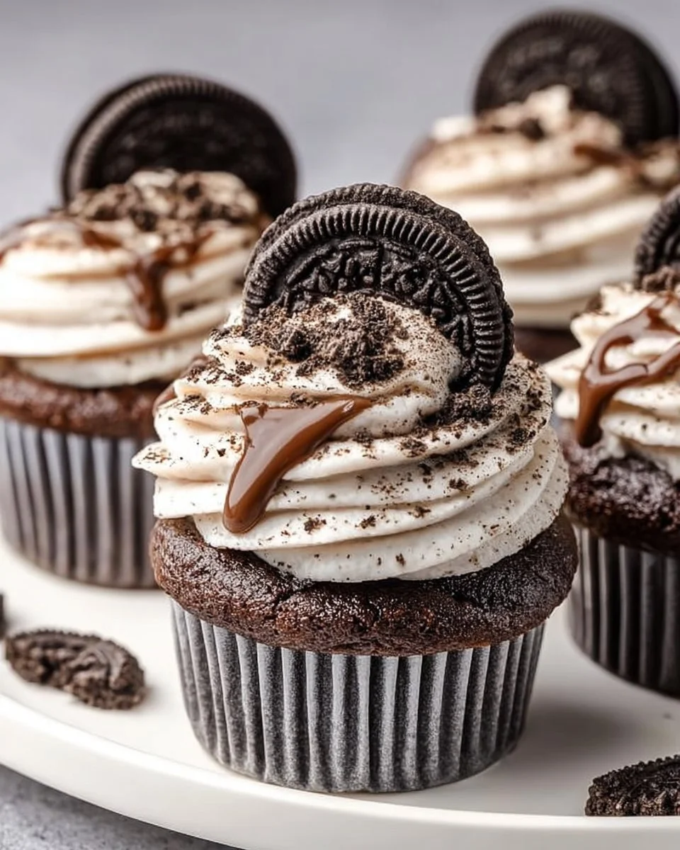 Delicious Oreo Cupcakes with creamy frosting and cookie crumbles on top