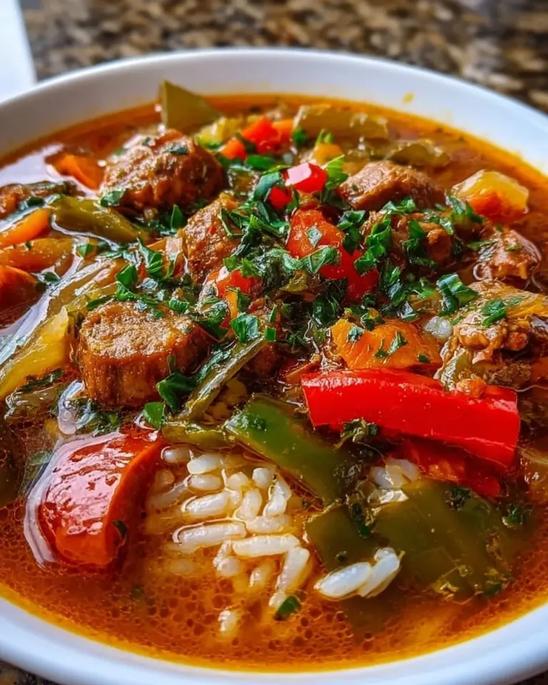 Bowl of hot Pepper Soup garnished with fresh herbs and peppers