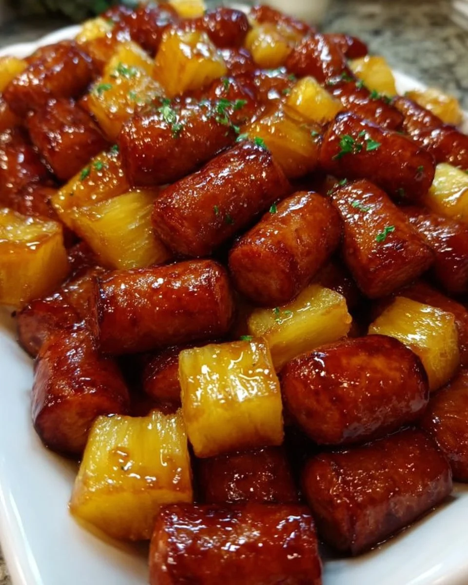 Pineapple Brown Sugar Mississippi Little Smokies Bites served on a platter