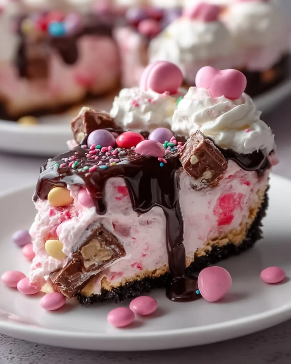 Delicious pink M&M topped Snickers Cheesecake slice on a plate