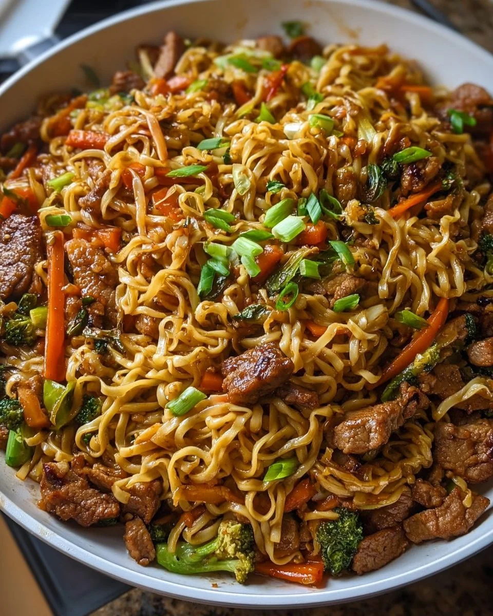Delicious bowl of Pork Noodles with sliced pork and fresh vegetables