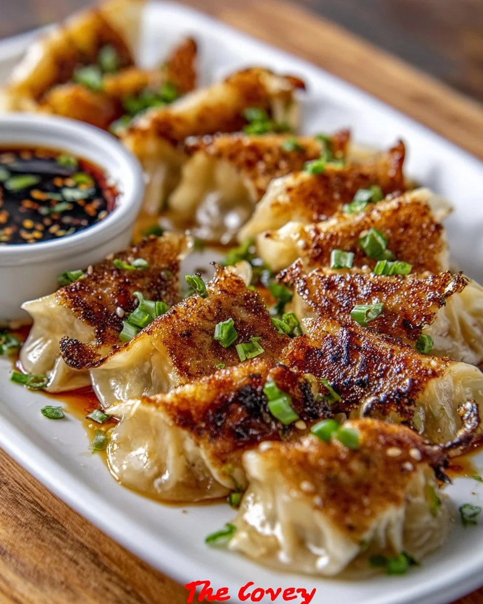 Delicious homemade potstickers served with dipping sauce