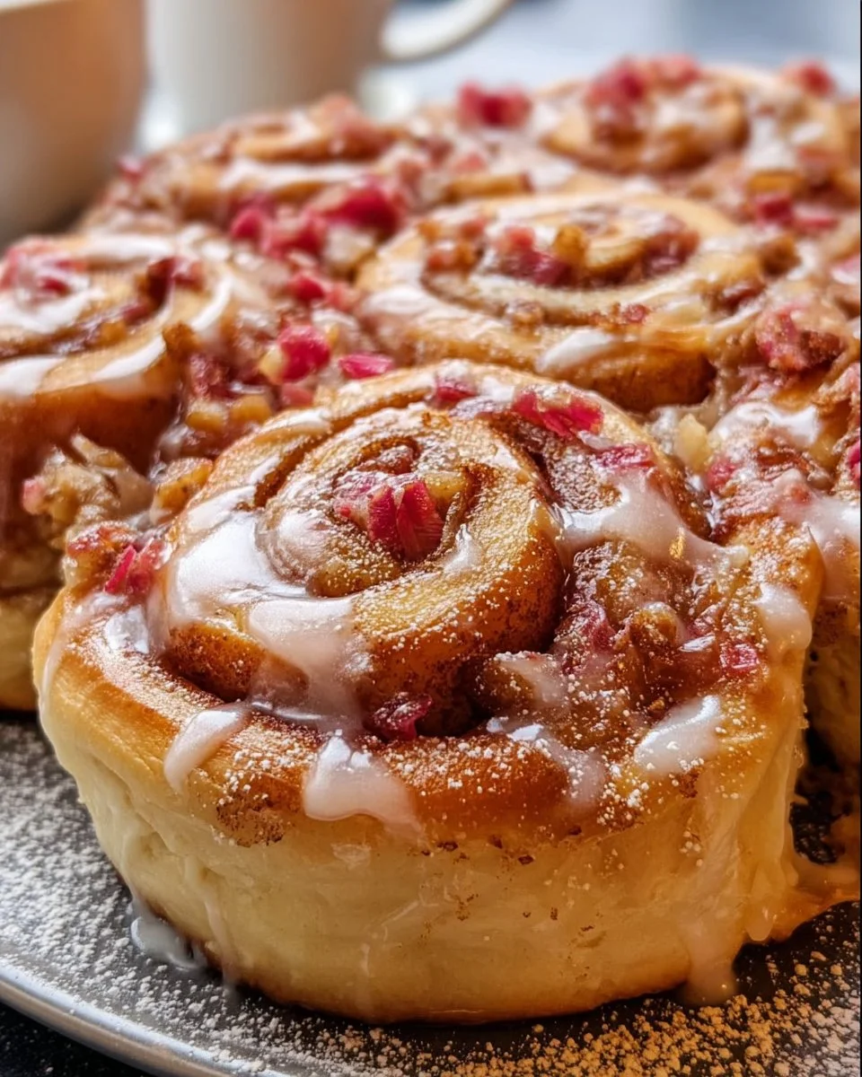 Freshly baked rhubarb cinnamon rolls with icing on a plate