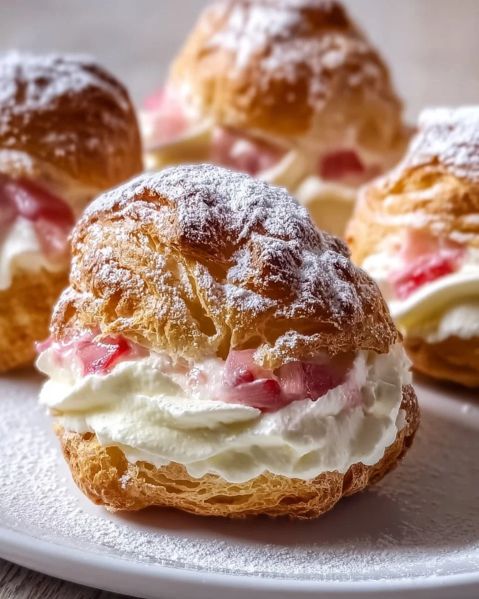 Delicious Rhubarb Cream Puffs filled with creamy filling and topped with fresh rhubarb.