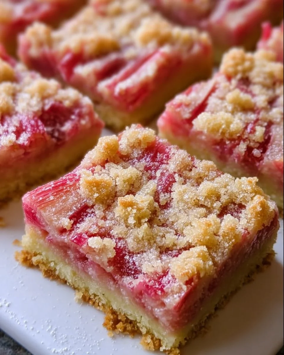 Delicious homemade rhubarb custard bars on a plate, ready to enjoy.