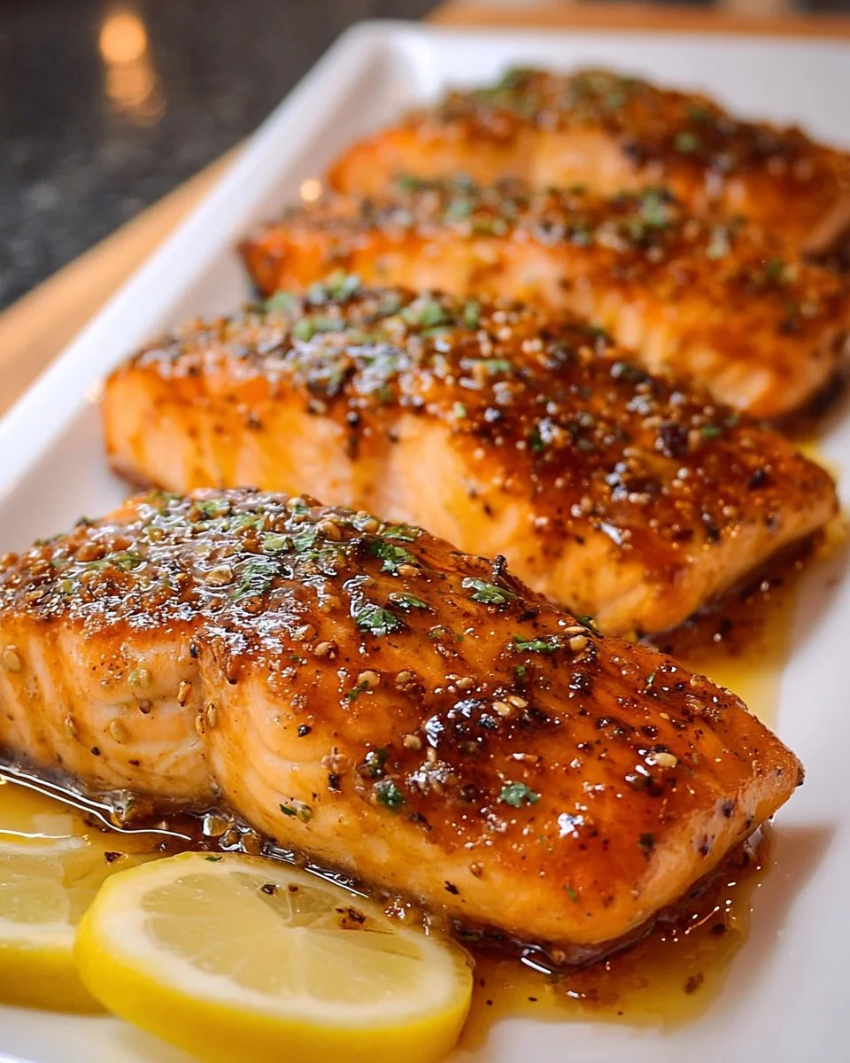 Cooked salmon fillet drizzled with hot honey for a delicious meal.