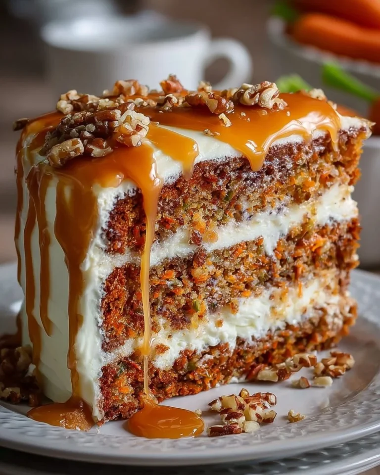 Salted Caramel Carrot Cake topped with a creamy swirl of caramel drizzle