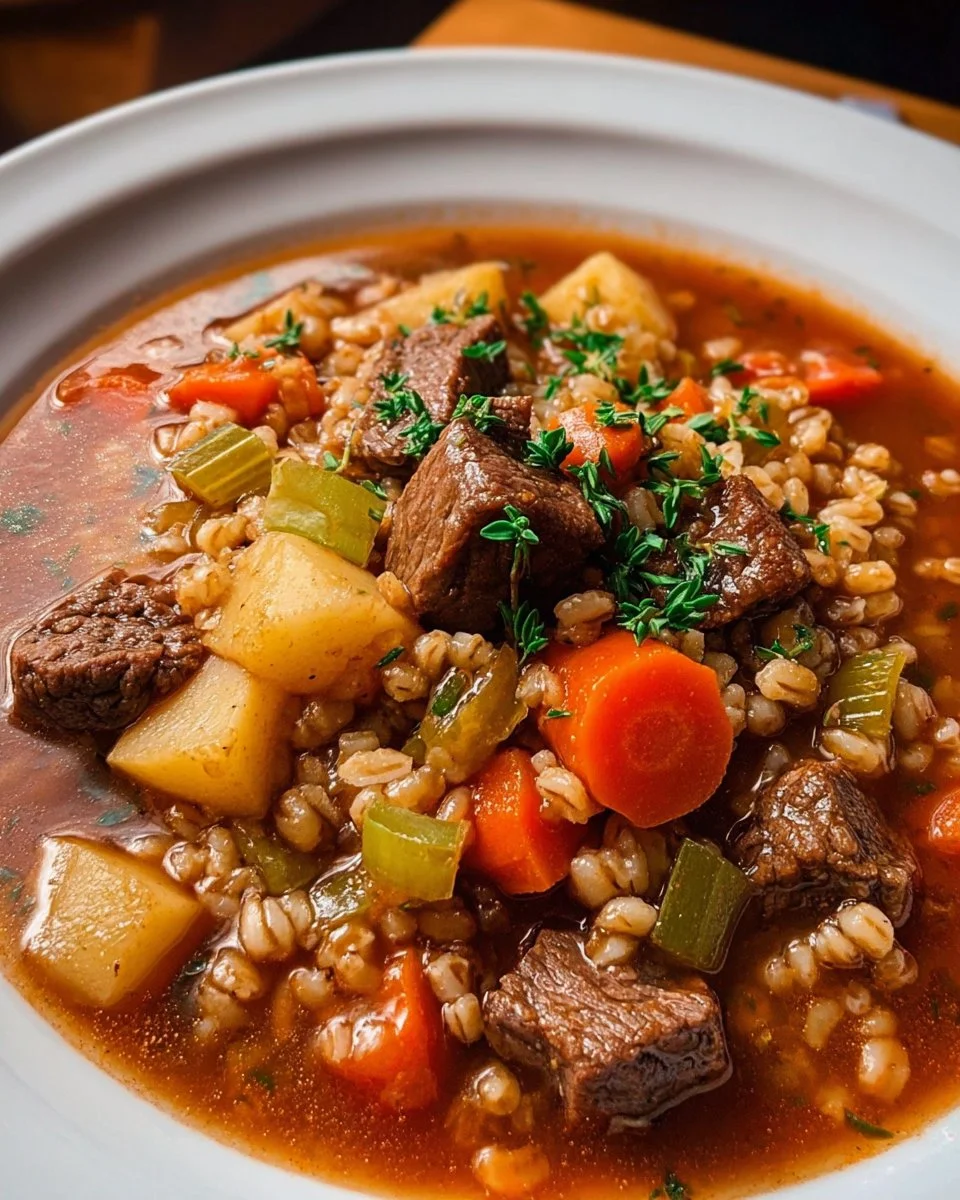 Bowl of slow cooker beef barley soup with fresh herbs and vegetables