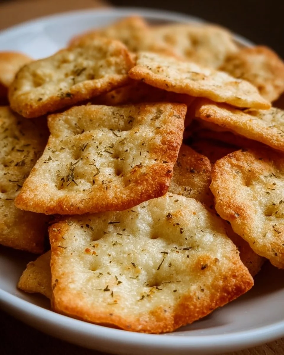 Homemade sourdough discard crackers on a wooden platter