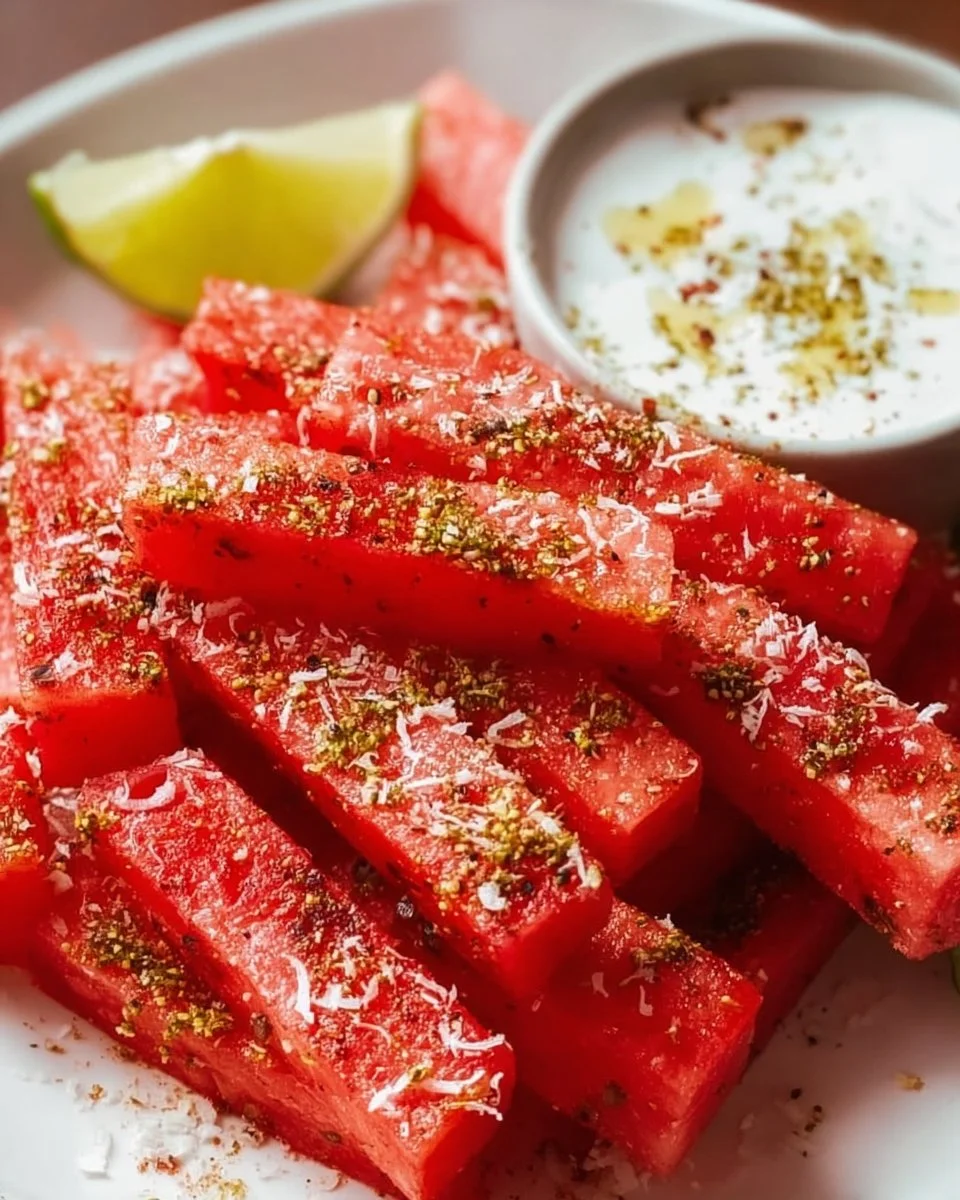 Spicy Watermelon Fries with Coconut Lime Dipping Sauce on a plate