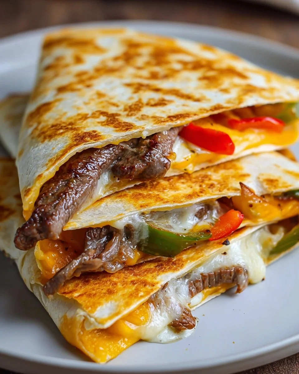 Delicious Steak and Cheese Quesadillas served with dipping sauce.