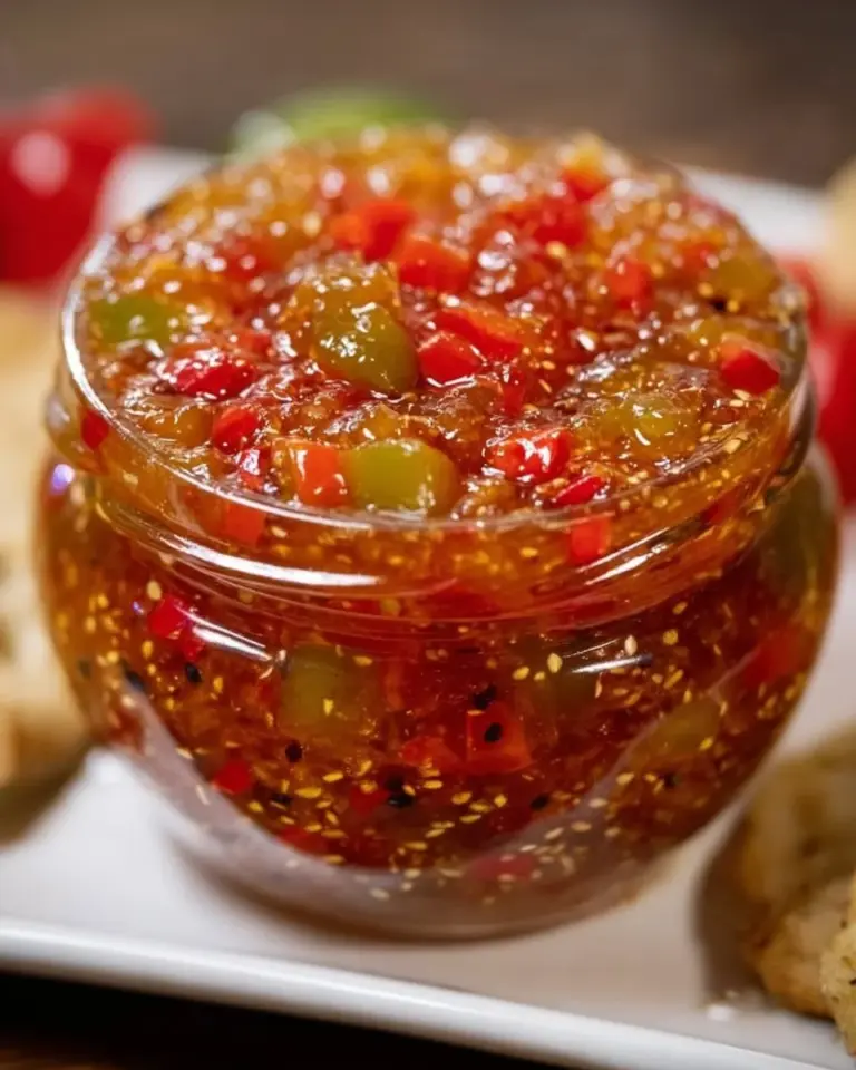 A jar of homemade sugar-free pepper jam with fresh peppers and spices.