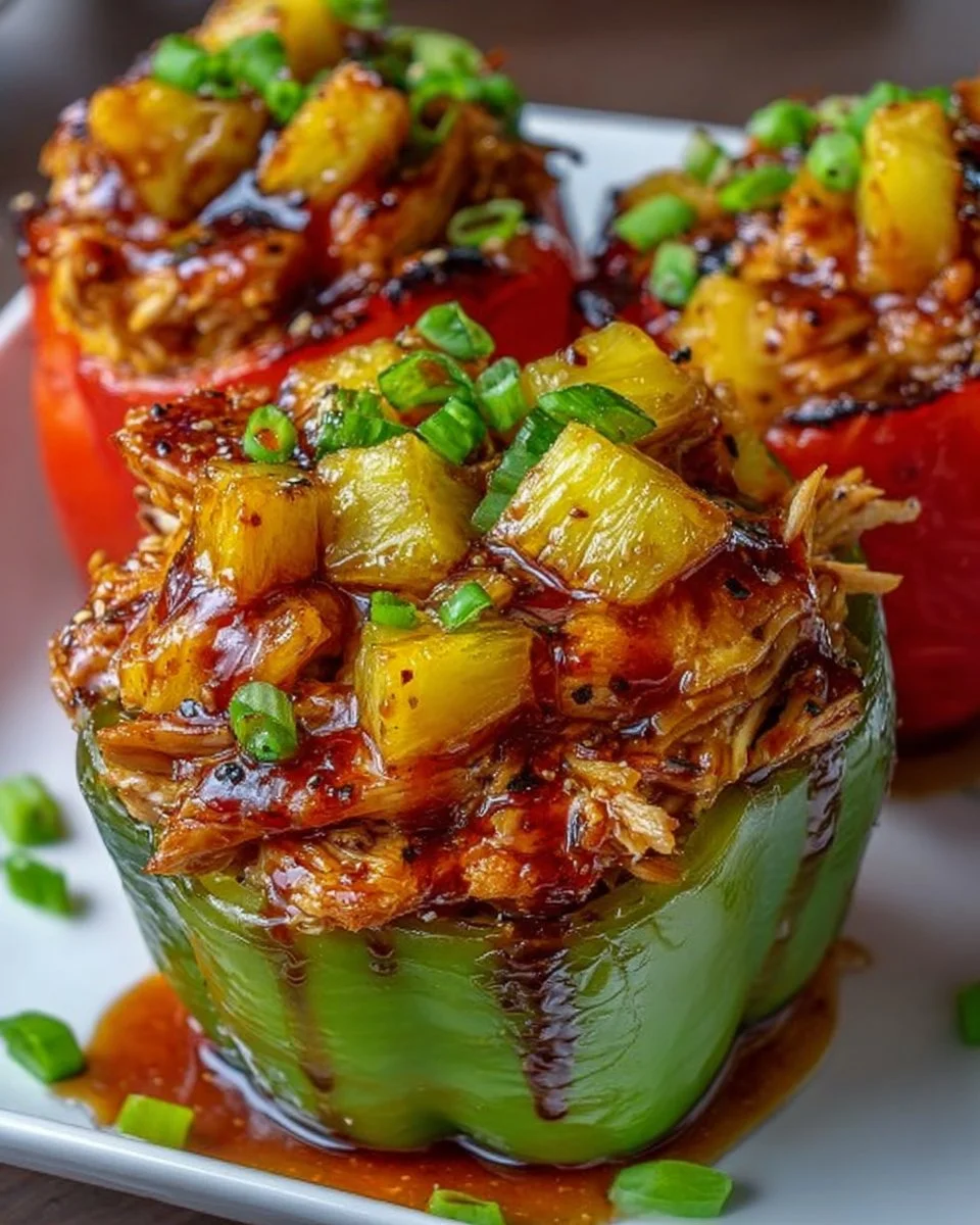 Teriyaki pineapple chicken stuffed peppers garnished and ready to serve