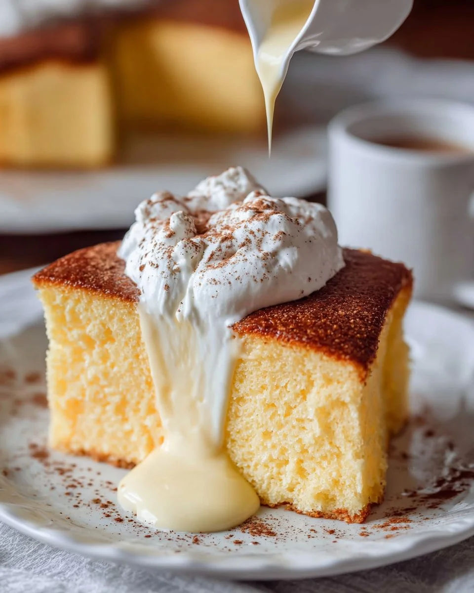 Delicious slice of Three Milk Cake topped with cream and cherries