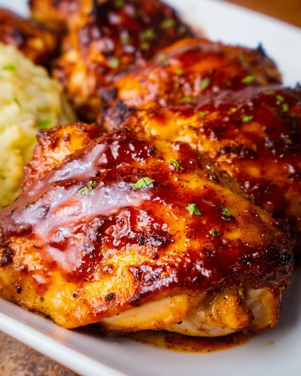 Delicious Air Fryer BBQ Chicken served on a plate with herbs and sauce.