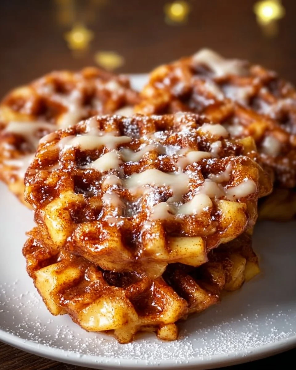 Delicious Apple Fritter Waffle Donuts topped with glaze and apple chunks
