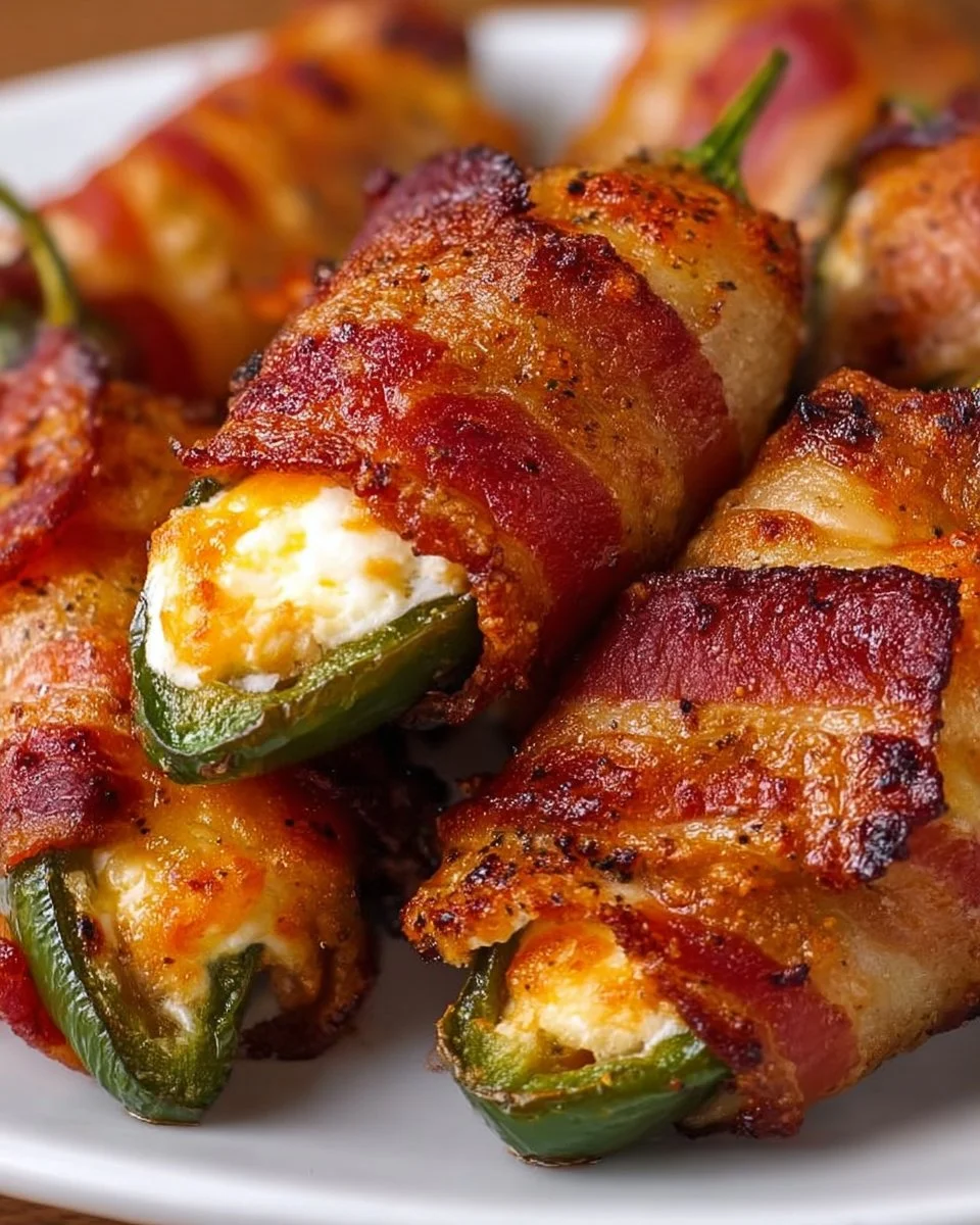 Bacon wrapped chicken jalapeno poppers served on a plate