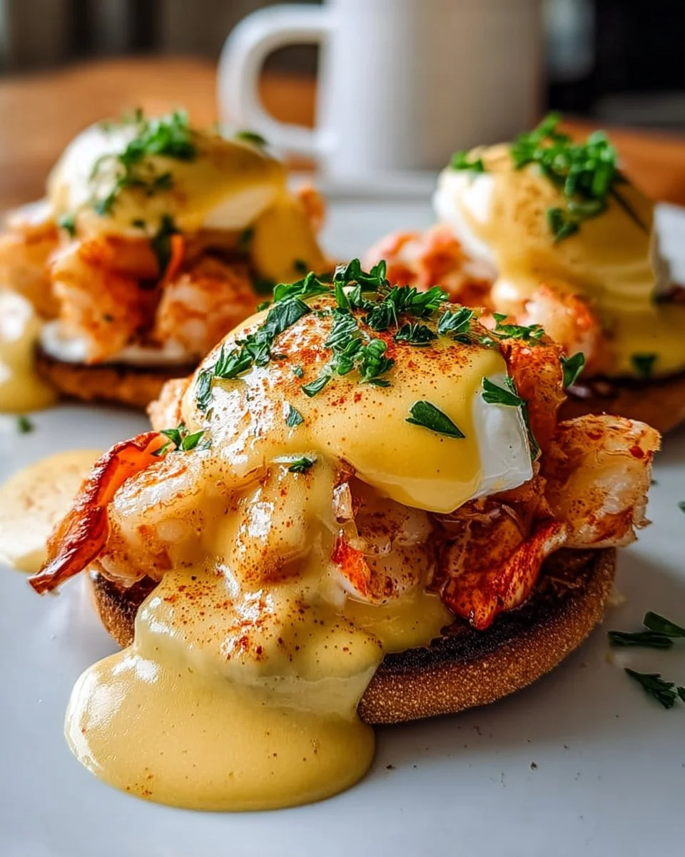 Bay Lobster Eggs Benedict with Cajun Hollandaise served on a plate